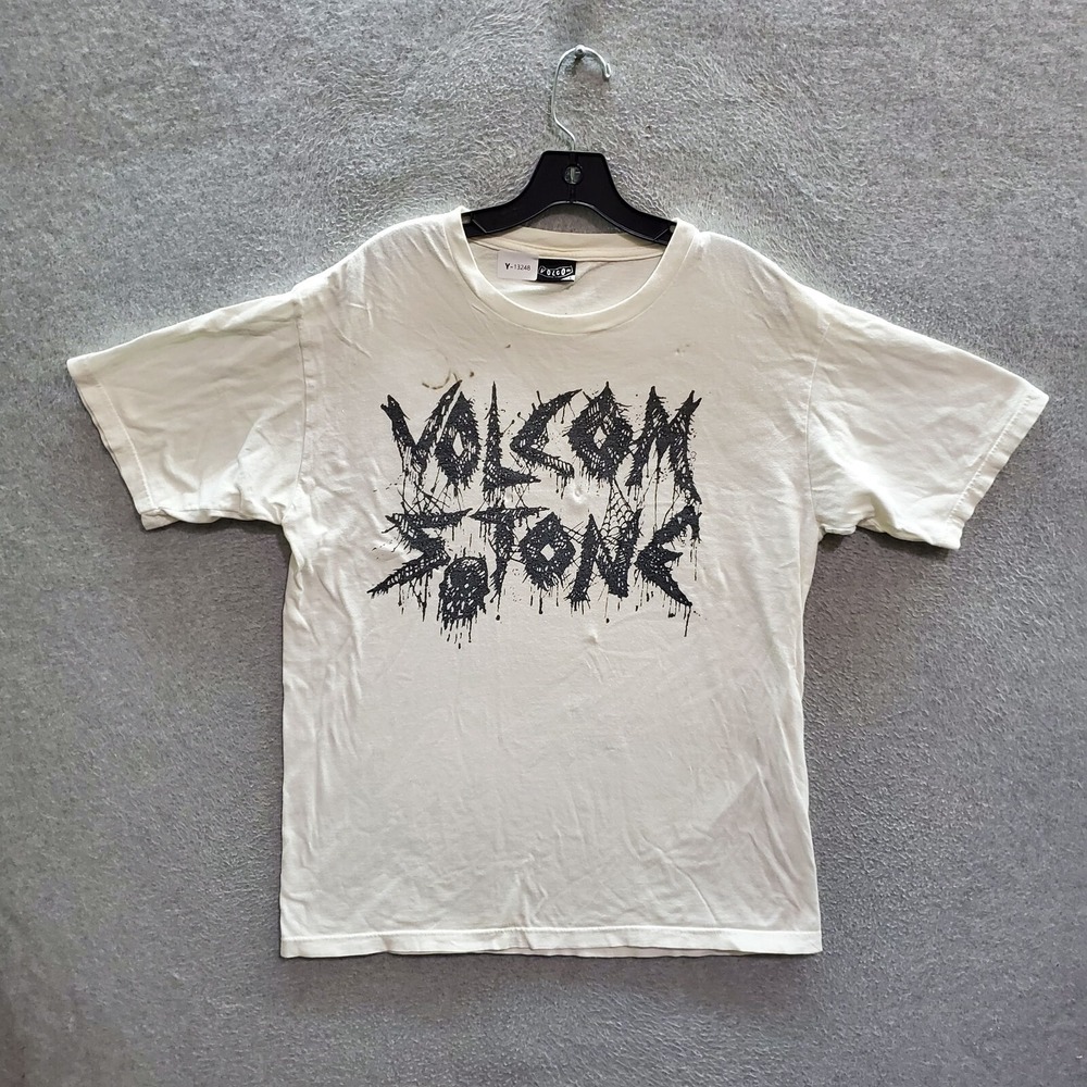 VINTAGE Volcom Men T-Shirt Large White Logo Graphic Print Crew Neck Tee READ